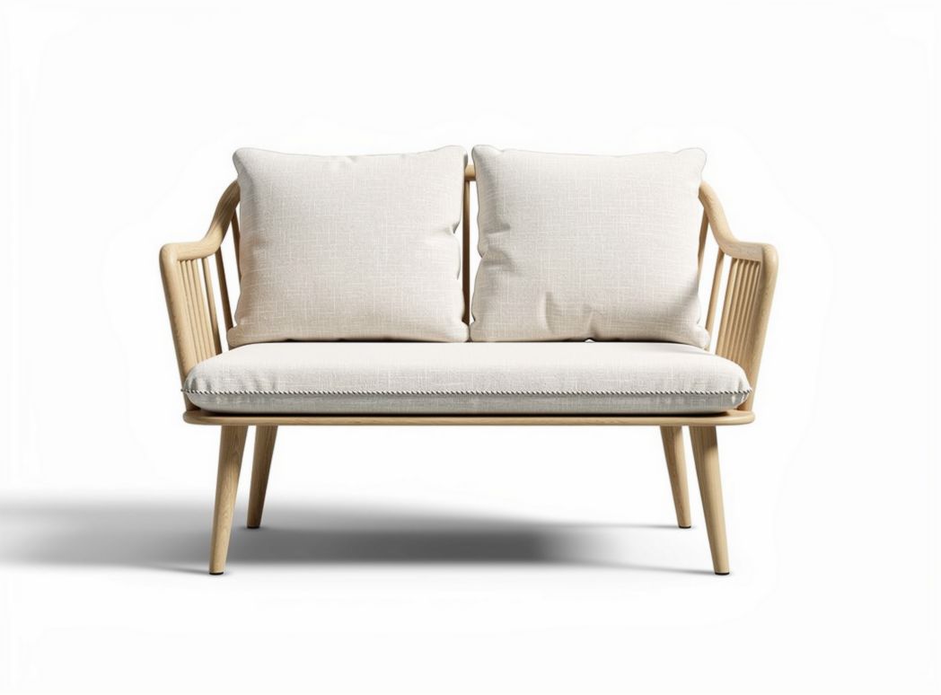 Sofa dwuosobowa z jasnymi poduszkami i drewnianą konstrukcją 120 x 70 x 80cm