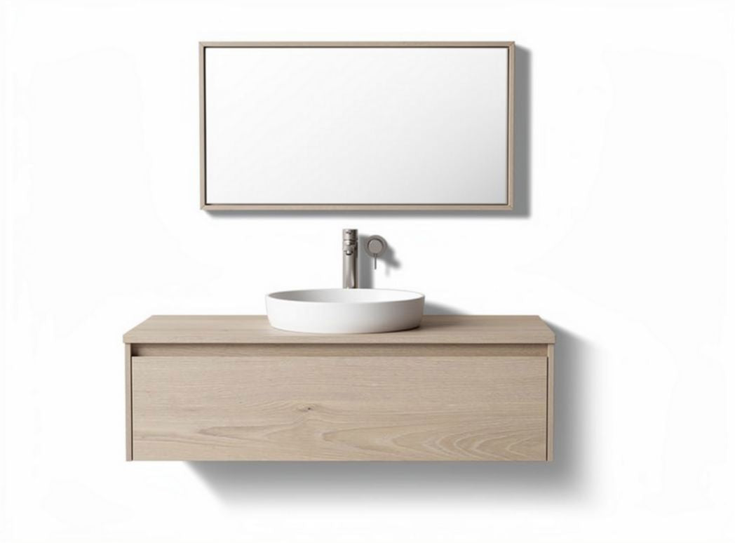 Szafka łazienkowa z umywalką okrągłą i lustrem w kolorze naturalnego drewna 100 x 45 x 15cm