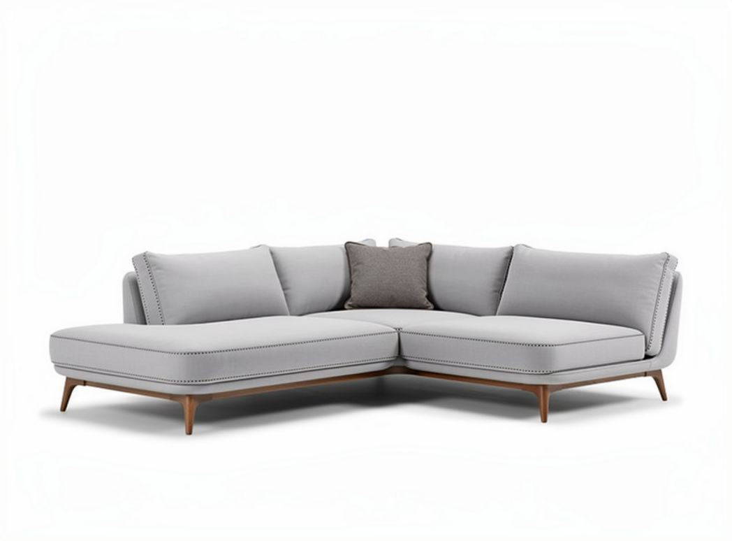 Sofa narożna z szarym obiciem materiałowym i drewnianymi nogami 200 x 300 x 90cm